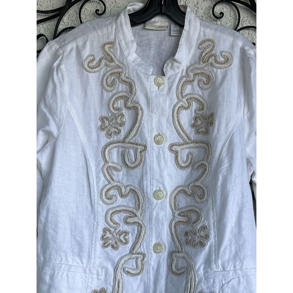Chicos Linen Boho Beaded Jacket - Size 3/ XL Or 16 - White/ Tan Beads - Picture 2 of 9